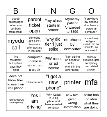 SERVICE CENTER BINGO Card