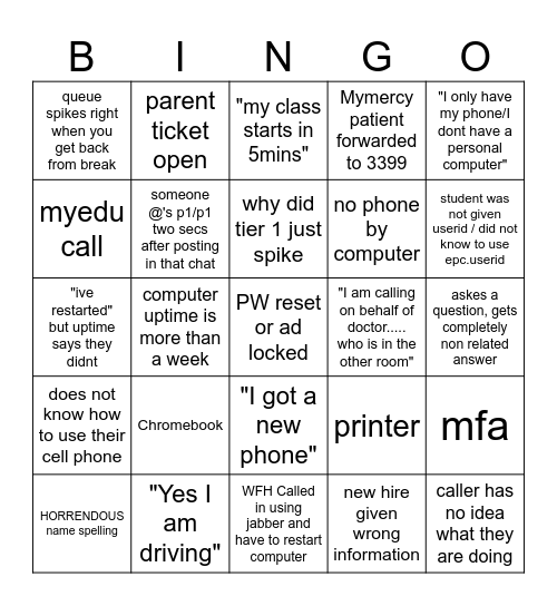 SERVICE CENTER BINGO Card