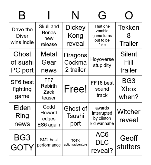 THE GAYME AWARDS 23 Bingo Card