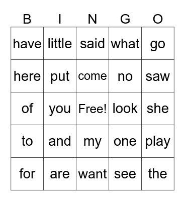 Sight Words Bingo Card