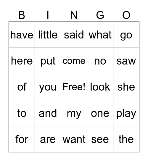 Sight Words Bingo Card