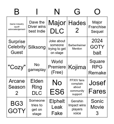 Game Awards Bingo Card