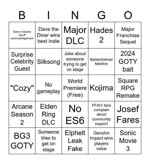 Game Awards Bingo Card