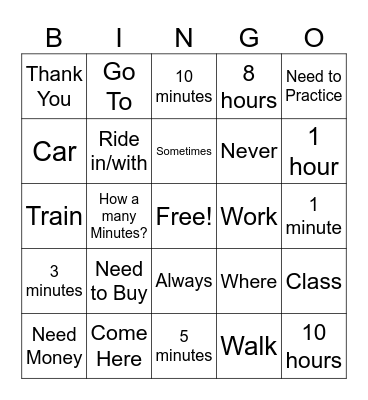 ASL Unit 3 Vocabulary Bingo Card