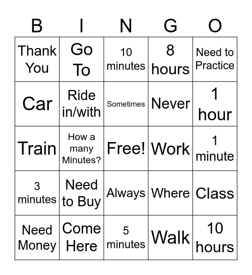 ASL Unit 3 Vocabulary Bingo Card