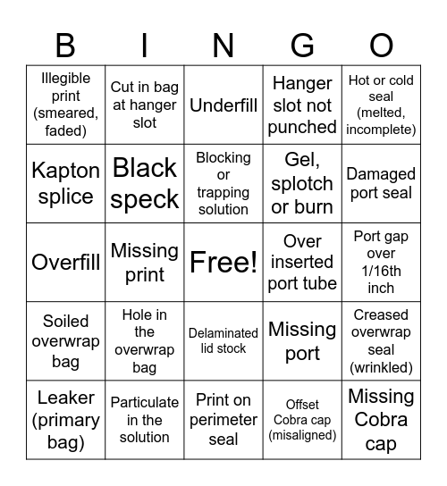 Defect Bingo Card