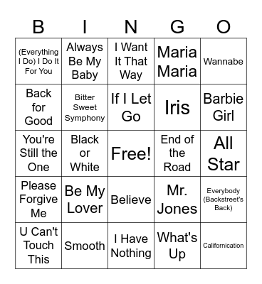 1990s Songs Bingo Card