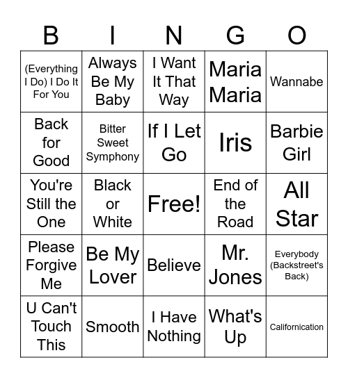 1990s Songs Bingo Card