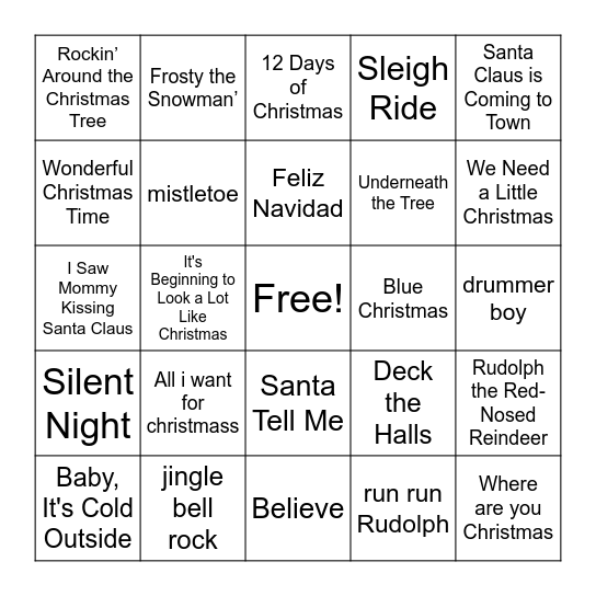 Christmas SONG BINGO Card