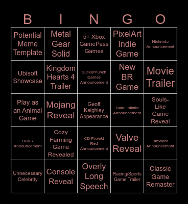 Game Awards 2023 BINGO Card