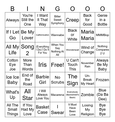 90's Songs Bingo Card