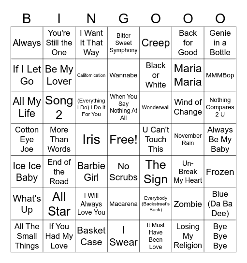 90's Songs Bingo Card