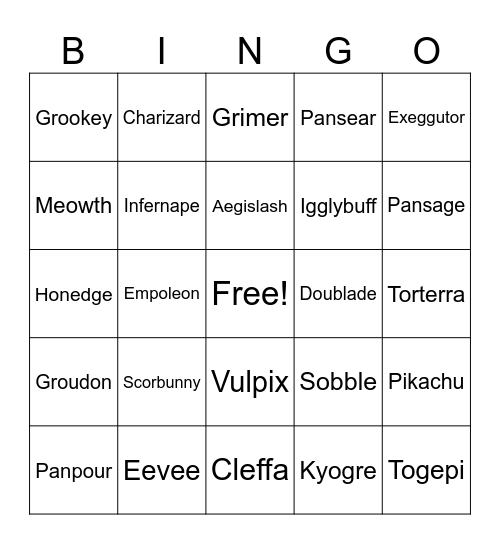 Pokemon Bingo Card