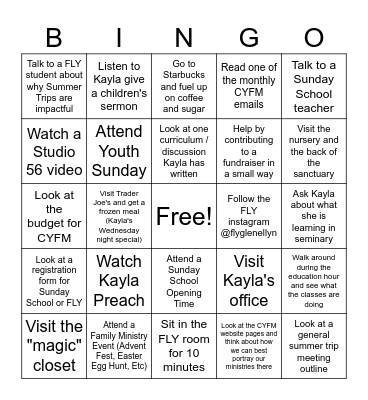 Kayla's Internship Bingo Card