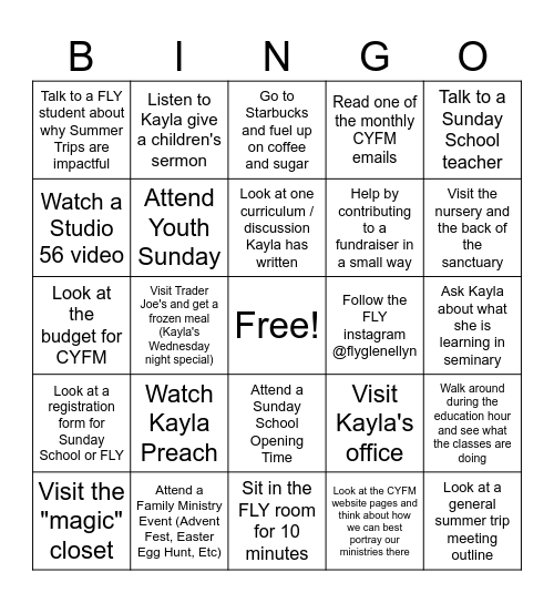 Kayla's Internship Bingo Card