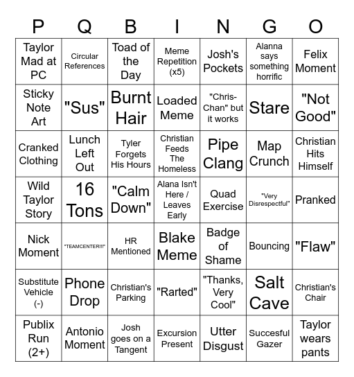 DOWNTIME BINGO Card