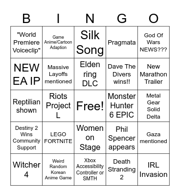 GAME AWARDS 2023 Bingo Card