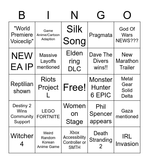 GAME AWARDS 2023 Bingo Card