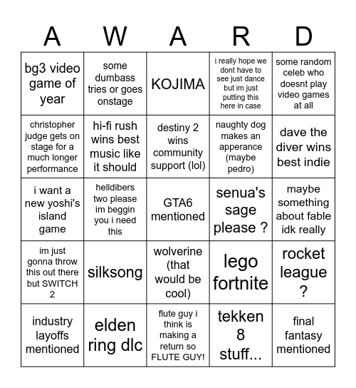Game Awards Bingo Card