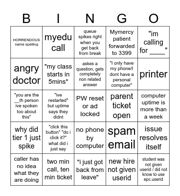 SERVICE CENTER BINGO Card