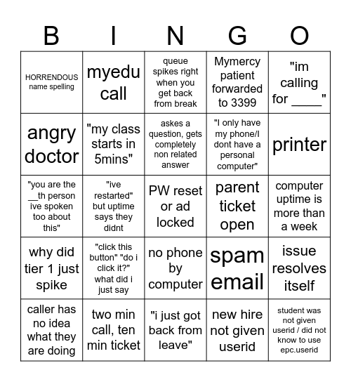 SERVICE CENTER BINGO Card