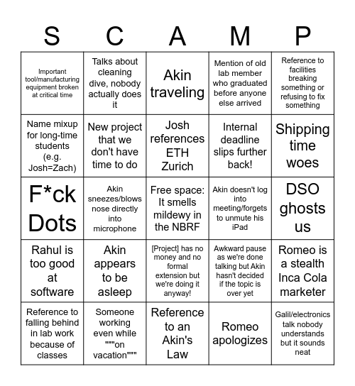 SSL Lab Meeting Bingo Gen 6 Bingo Card