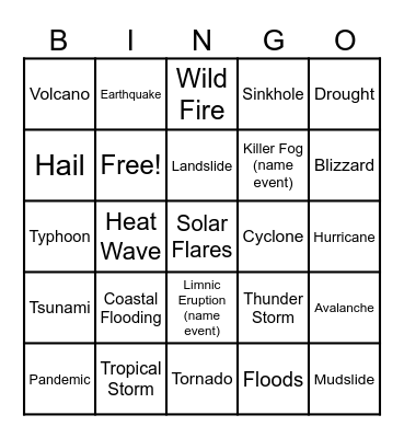 NATURAL DISASTER Bingo Card