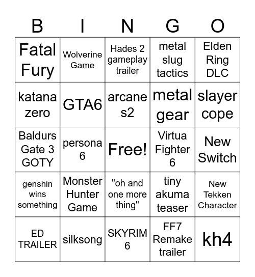 GAME AWARDS Bingo Card