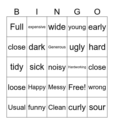 Adjectives and their Opposites Bingo Card