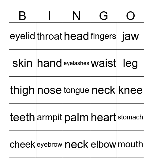 Body Parts Bingo Card