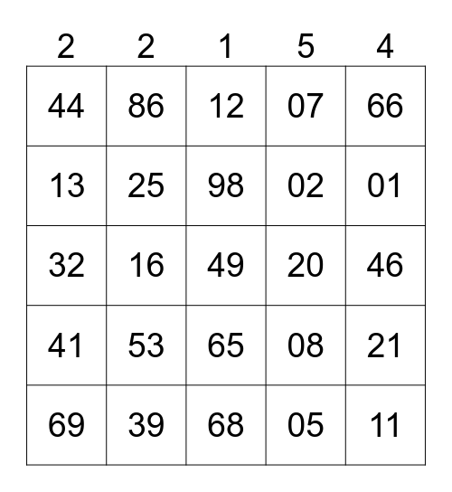 Numbers Bingo Card