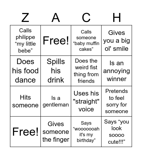 Things Zach will likely do on his birthday Bingo Card