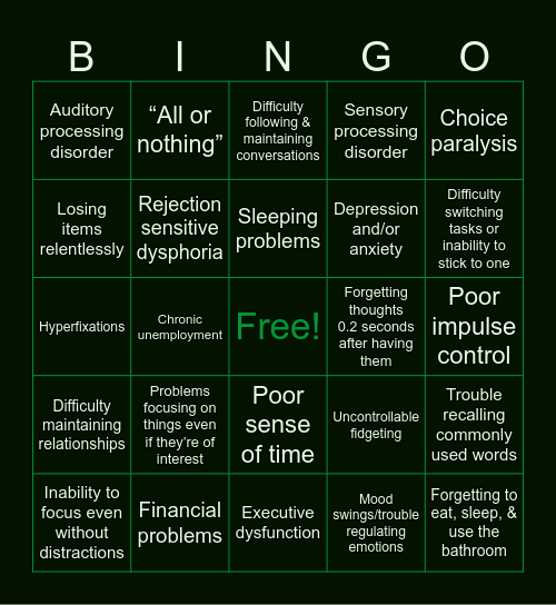 The ADHD Bingo Card