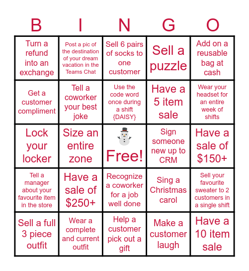 Store 1182 Holiday Bingo Card