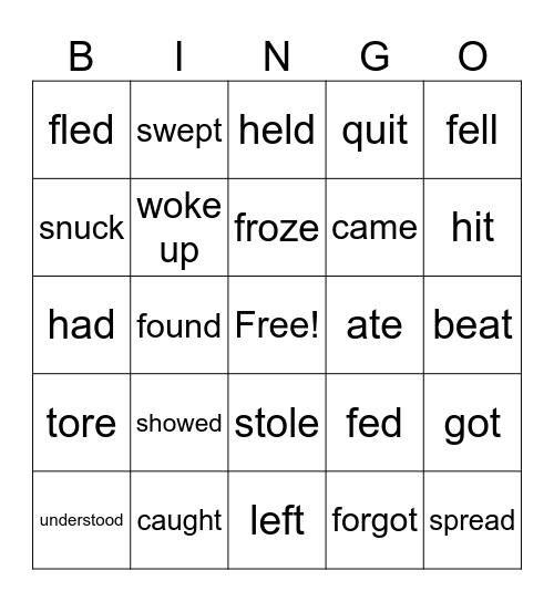 Irregular Past Tense Verbs Bingo Card