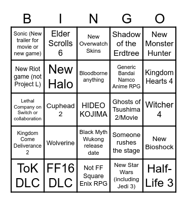 TGA 2023 Bingo Card