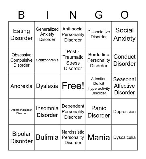 Diagnosed Disorders Bingo Card