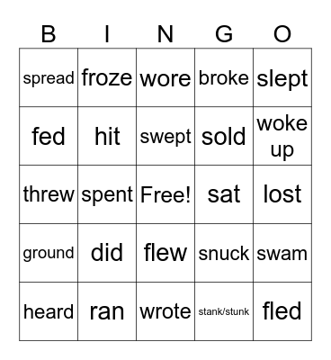 Irregular Past Tense Verbs Bingo Card