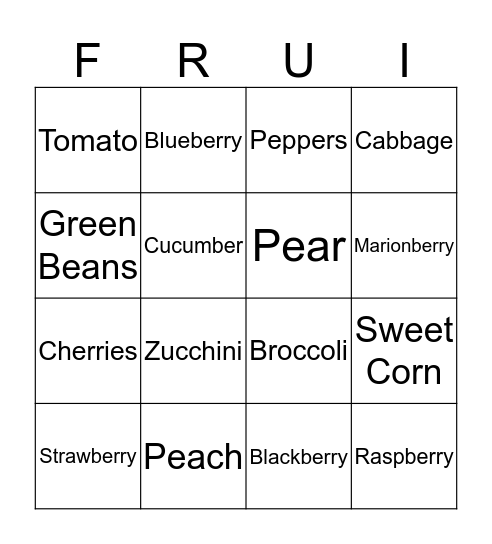 Seasonal Fruit / Vegetable Bingo Card