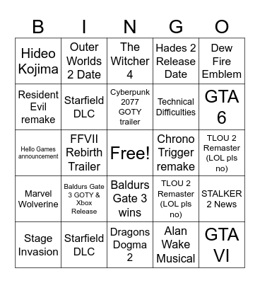 TGA 2023 Bingo Card