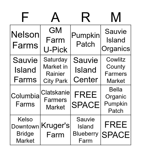 Farmers Market Bingo Card