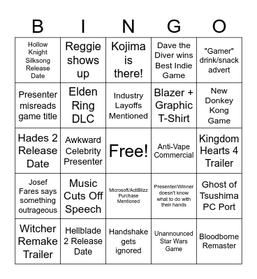 The Game Awards 2023 Bingo Card