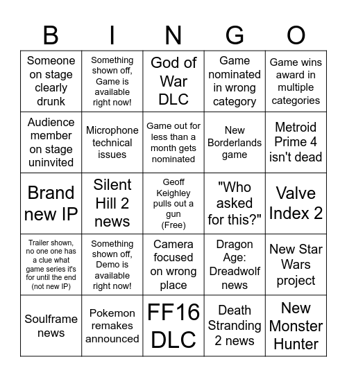 The Game Awards Bingo Card