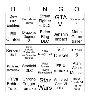 TGA 2023 Bingo Card