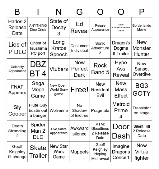 Game Awards 2023 Bingo Card