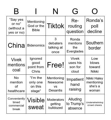 Republican Debate Bingo Card