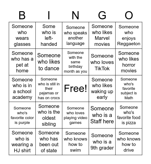 HJ Bingo Card