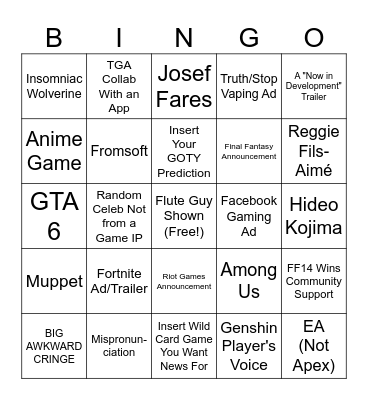 The Game Awards 2023 BINGO Card