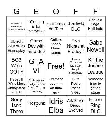 TGA 2023 Bingo Card