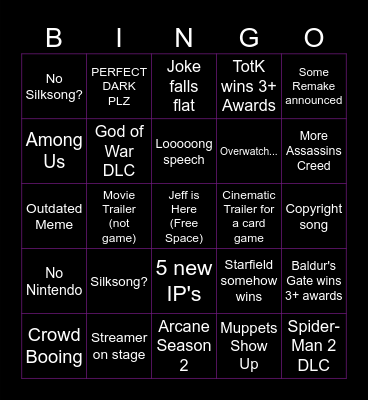 Video Game Awards Bingo Card